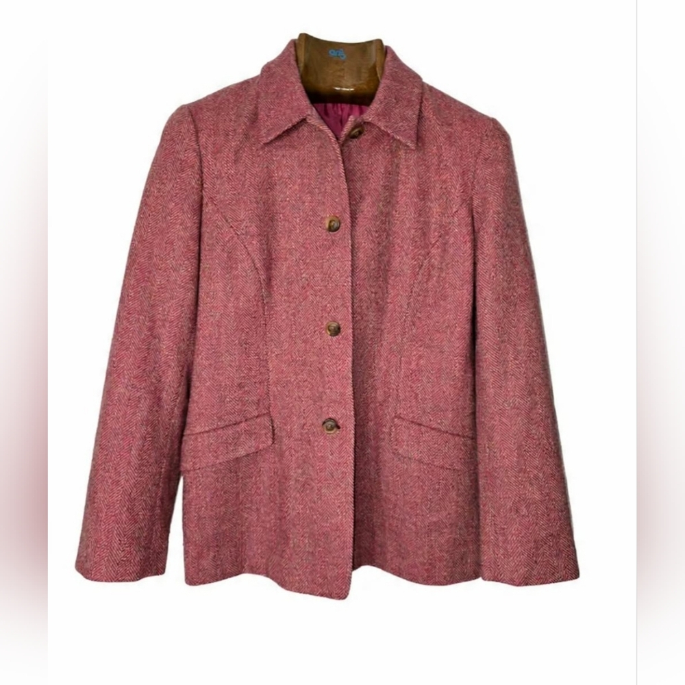 Lands' End Women's Fun Pink Herringbone Tweed Blazer Office Feastive
